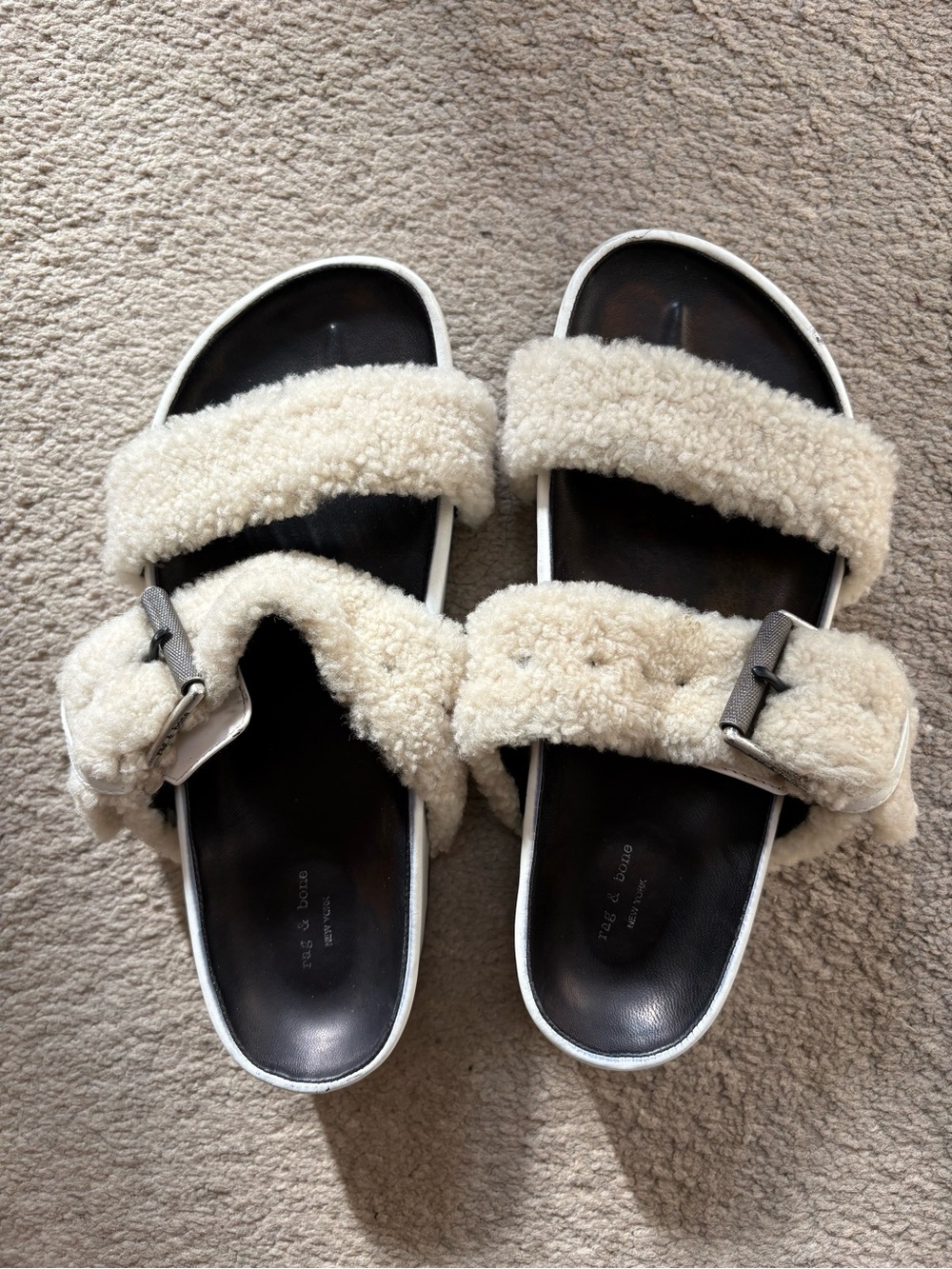 rag & bone Cream Shearling Slide Clogs with Black Footbed